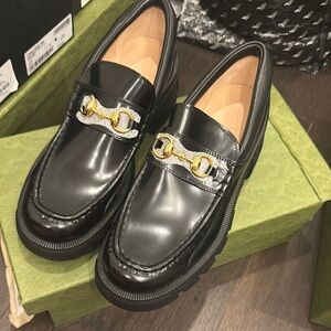 Gucci Black Leather Horsebit Penny Loafers with Gold Hardware